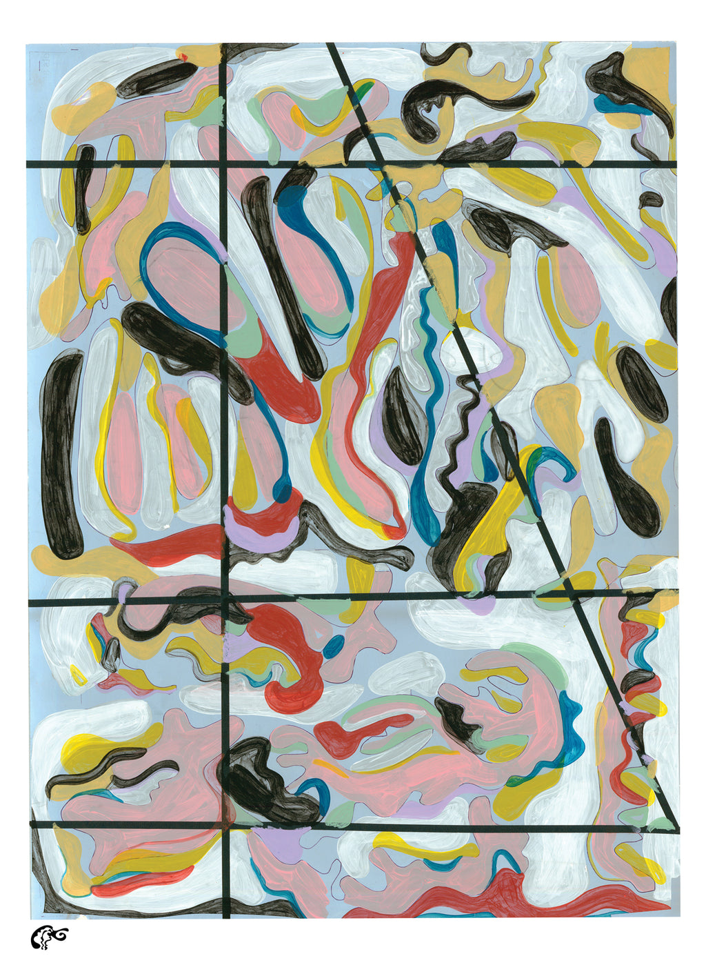 Abstract artwork divided into sections with colorful brush strokes on a light blue background