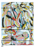 Abstract artwork divided into sections with colorful brush strokes on a light blue background