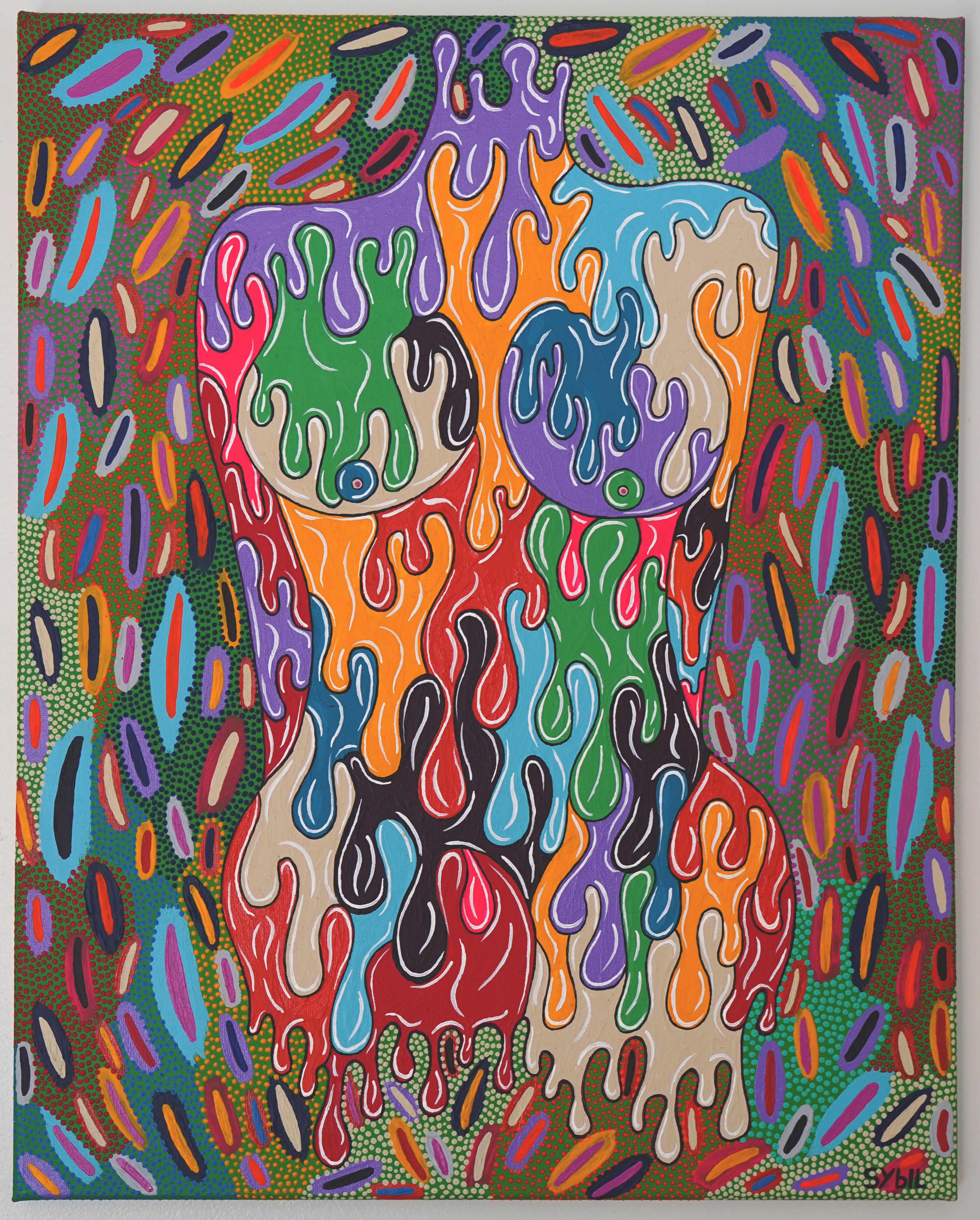 Colorful abstract artwork with a central figure and patterned background